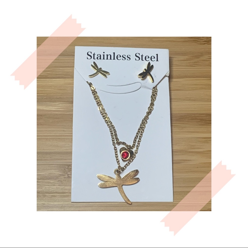 Stainless Steel Dragonfly Necklace & Earrings Set